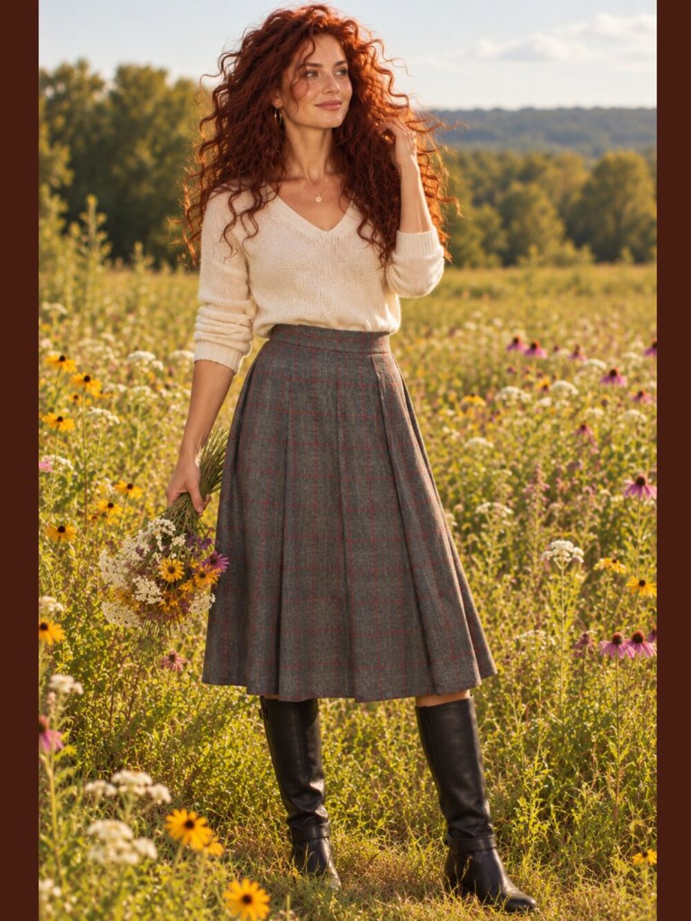 Wool Pleated Midi Skirt - Grey with Red Window Pane - 12 - EUC